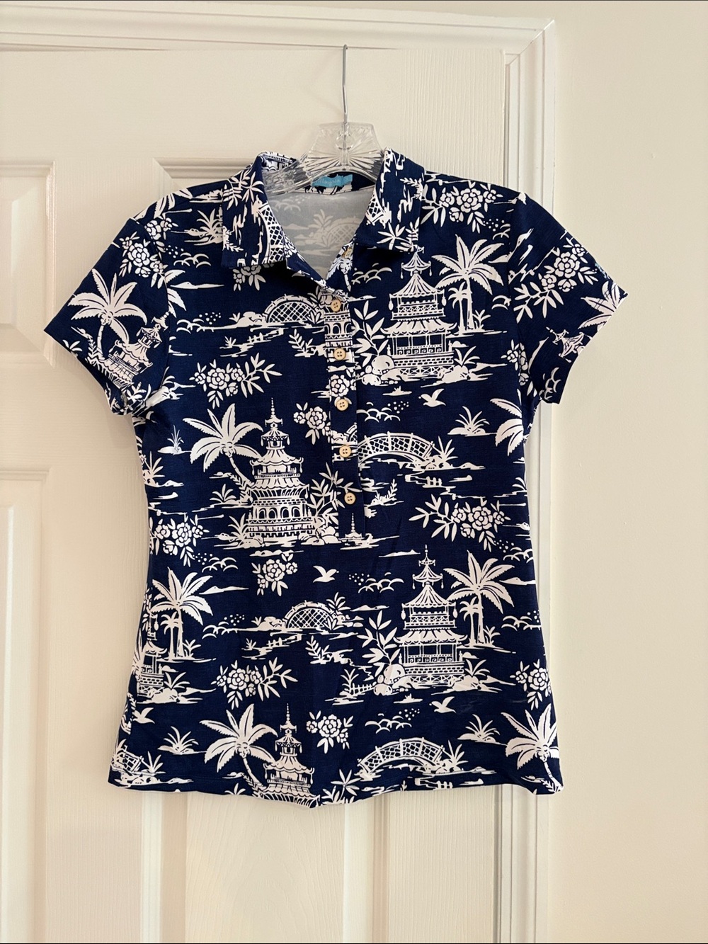 Women’s Navy and White Printed J McLaughlin Polo Top